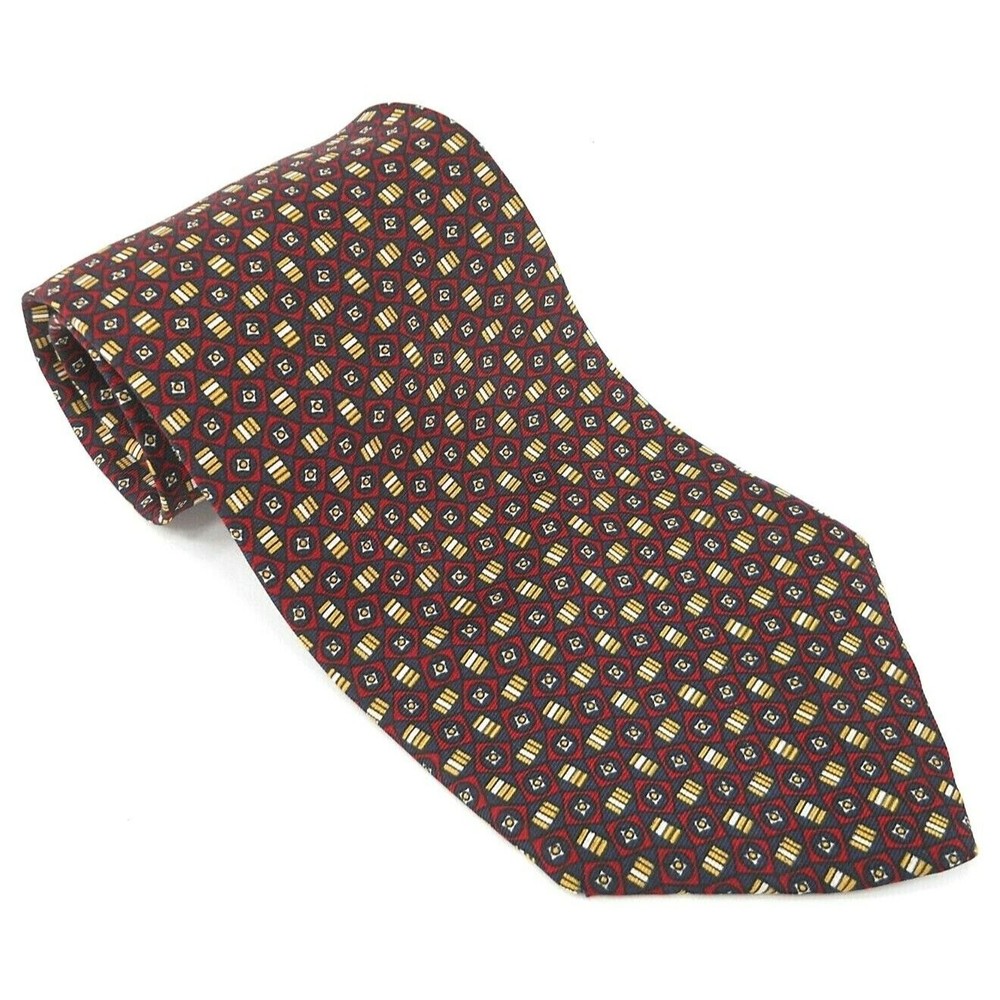 Christian Dior Mens Silk Necktie Tie Burgundy with Gold Square Print